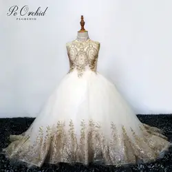 PEORCHID золотые кружева бальное платье Платье для девочек с цветочным узором для свадьбы халат свадебное платье для первого причастия
