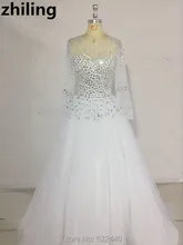 Luxurious Beaded&Crystals Ball Gown Wedding Dresses Sheer Long Sleeves Wedding Gown Bridal Dress Vintage Bridal Gown