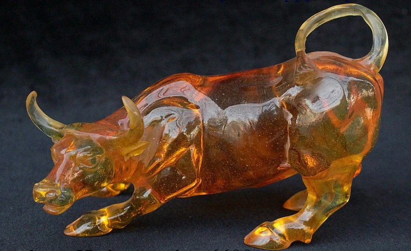 

8" China Amber Carved Feng shui Wealth 12 Zodiac Year Animal Ox Bull Oxen Statue