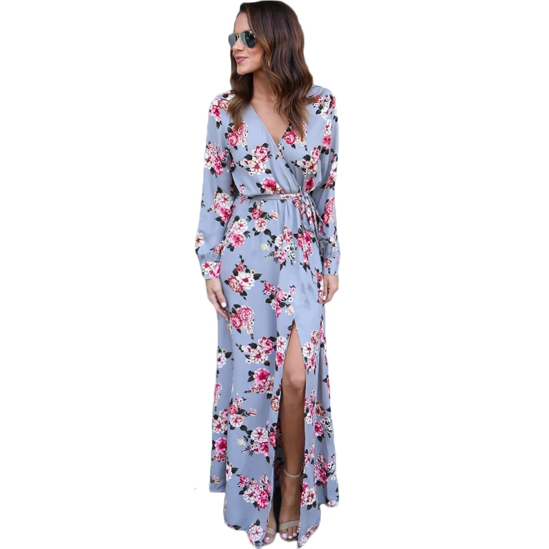Beste Sexy Split Bloemenprint Maxi Jurk 2018 Lente Herfst Lange Mouw V hals Lange Jurk Vrouwen Vestidos