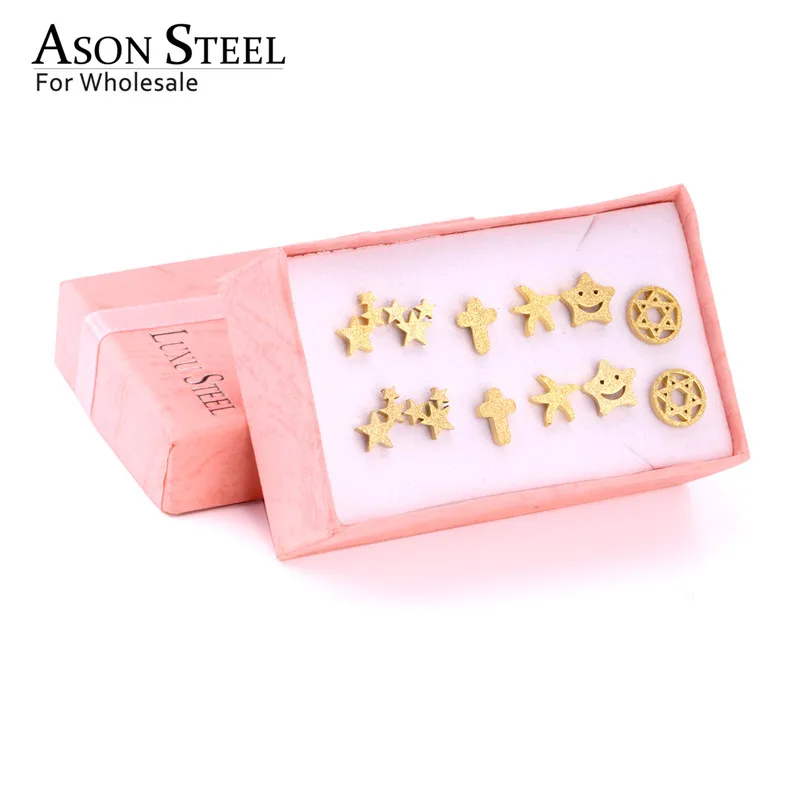 

ASONSTEEL Cute Baby Earring Sets pendientes Gold Color Cross/Smile/Star/Round 6pairs/Box Stud Earring Accessories Mujer