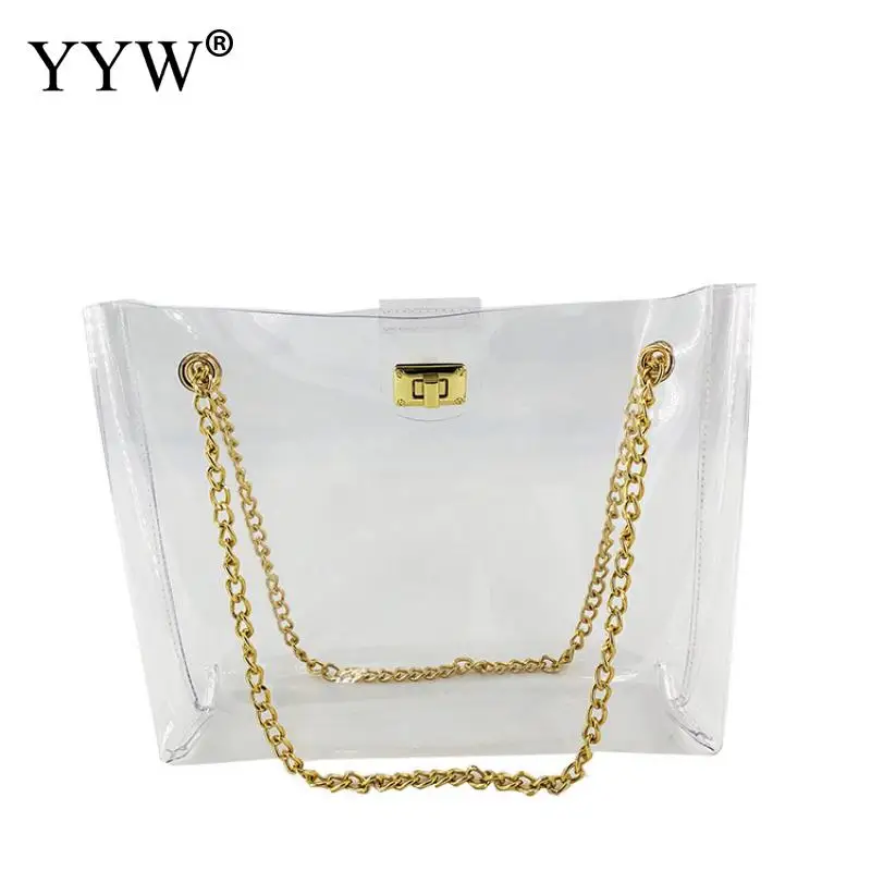 

Large Capacity Clear Pvc Transparent Bags Women Summer Beach Bag Gold Chain Shoulder Waterproof Crossbody Messenger Bags Casual