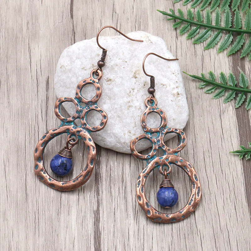 

Retro Ethnic Circles Beads Pendant Dangling Earrings for Women Bohemia Vintage Antique Bronze Stone Earrings Ear Cuff Jewelry