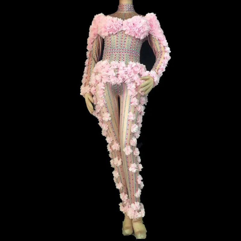 Ночной клуб певец DJ DS представление наряды для взрослых женщин сценический костюм розовые цветы кристаллы комбинезон стрейч Стразы боди