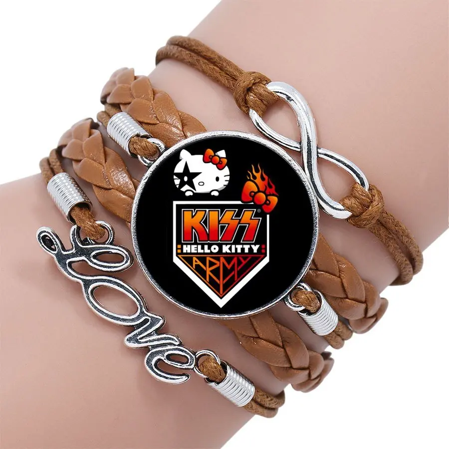 as picture Подарки для девочек рок группа Kiss ювелирные изделия с покрытием стекло кабошон Многослойный черный/коричневый кожаный браслет - Окраска металла: as picture