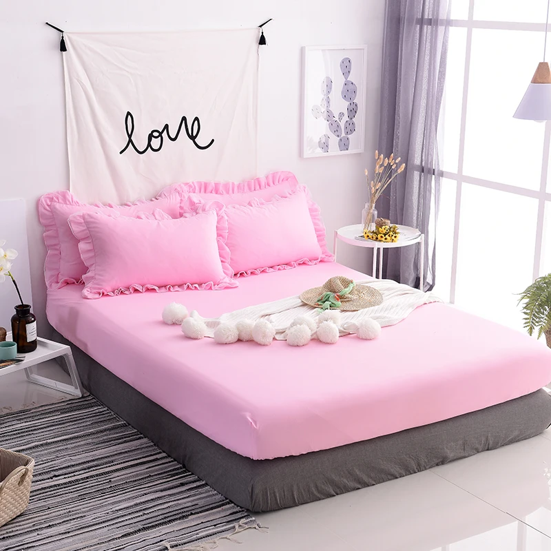 Best Mattress Cover With Elastic Solid Color Bedding 3pcs Pink Princess Fitted Sheet lace pillowcase girls Twin Full Queen king Size