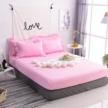 

Mattress Cover With Elastic Solid Color Bedding 3pcs Pink Princess Fitted Sheet lace pillowcase girls Twin Full Queen king Size