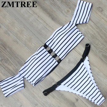 

ZMTREE 2017 Brand Swimsuit Women Off Shoulder Bikini Stripped Swimwear Low Waist Thong Bikini Set Cut Off Beach Wear Biquini