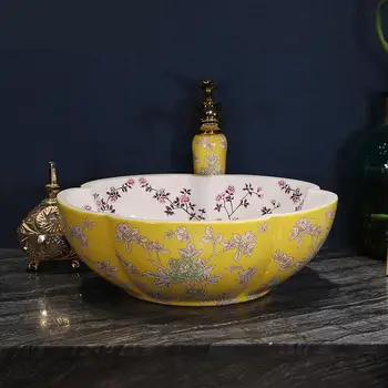 

Europe Vintage Style Ceramic Art Basin Sinks Counter Top flower shape yellow flower and bird ceramic wash basin Bathroom sink