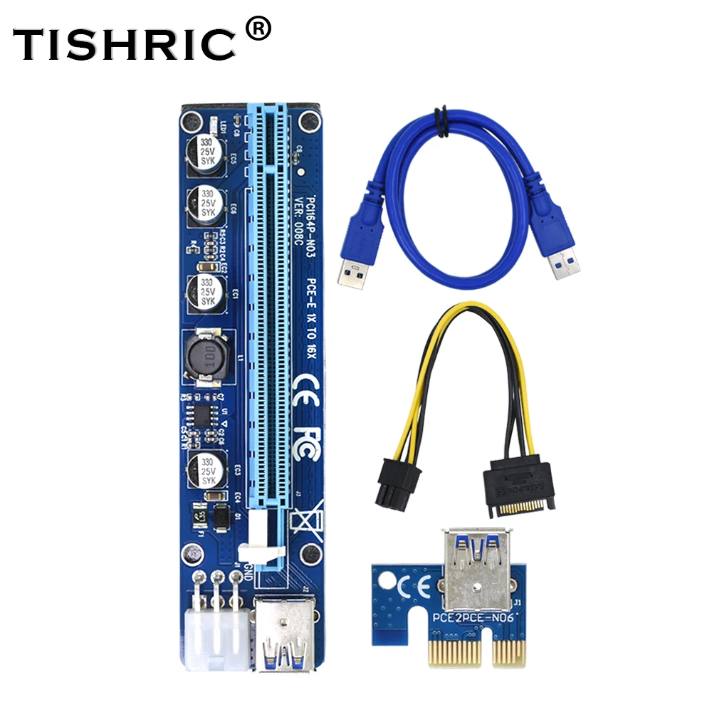 

TISHRIC VER 008C Molex 6 Pin PCIE PCI-E PCI Express Riser Card 1X to 16X Extender 60cm USB 3.0 Cable For Mining Bitcoin Miner