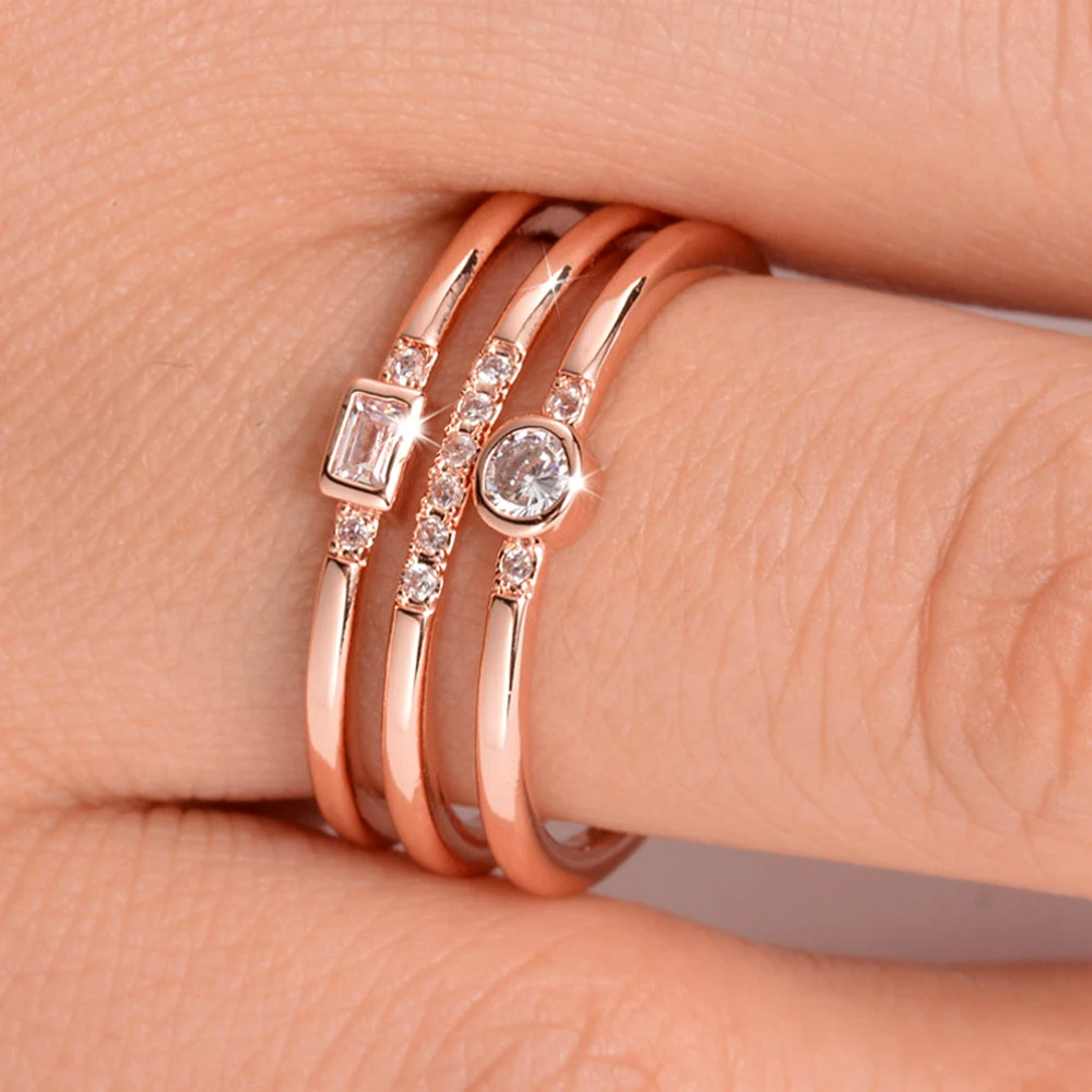 

Fashion Rose Gold Engagement Rings for Women Hot Sale Personality Three-line Zircon Ring Wedding Jewelry
