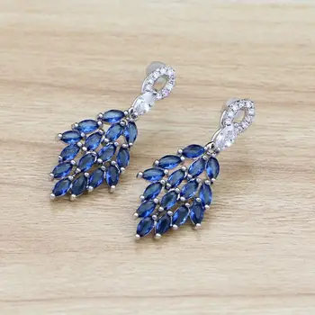 

Leaves Shaped 925 Silver Jewelry Blue Cubic Zirconia Drop Dangle Earrings For Wedding Women Ear Pin Free Gifts Box
