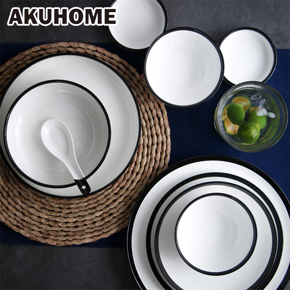 

Simple European Style Ceramic Bowl Thick Black Stripe China Bone Deep Plate Porcelain Dinnerware