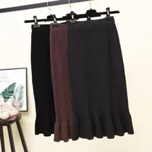 Корейский стиль, женская зимняя трикотажная юбка русалки, одноцветная Джокер, высокая талия, юбки средней длины, новые женские повседневные винтажные юбки