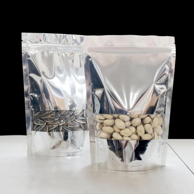 100 Pack, Silver Clear Stand Up Aluminum Foil Zip Lock Bags Resealable Heat Seal Plastic Window Bag, Food Storage Packing Pouch