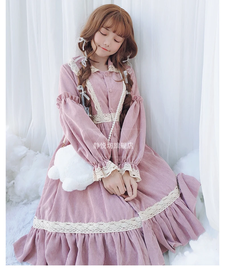 

Japan Lolita Mori Girl Korean Women Ladies Sexy Lace Ruffles High Waist Corduroy Loose Dress Vintage Peter Pan Collar Pink Blue
