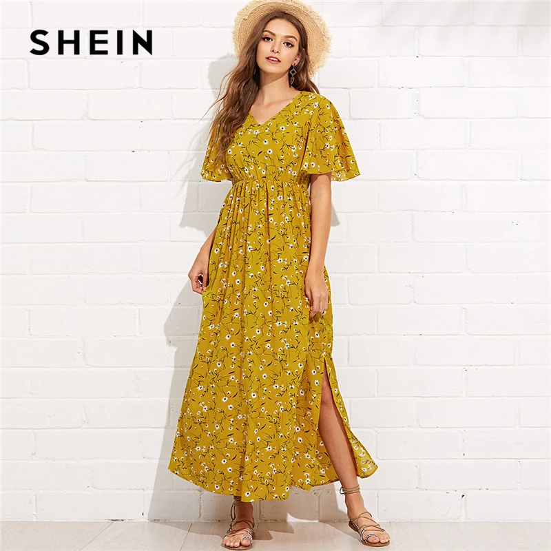 Shein Ginger Vacation Boho Bohemian Beach Floral Print V Neck Butterfly 