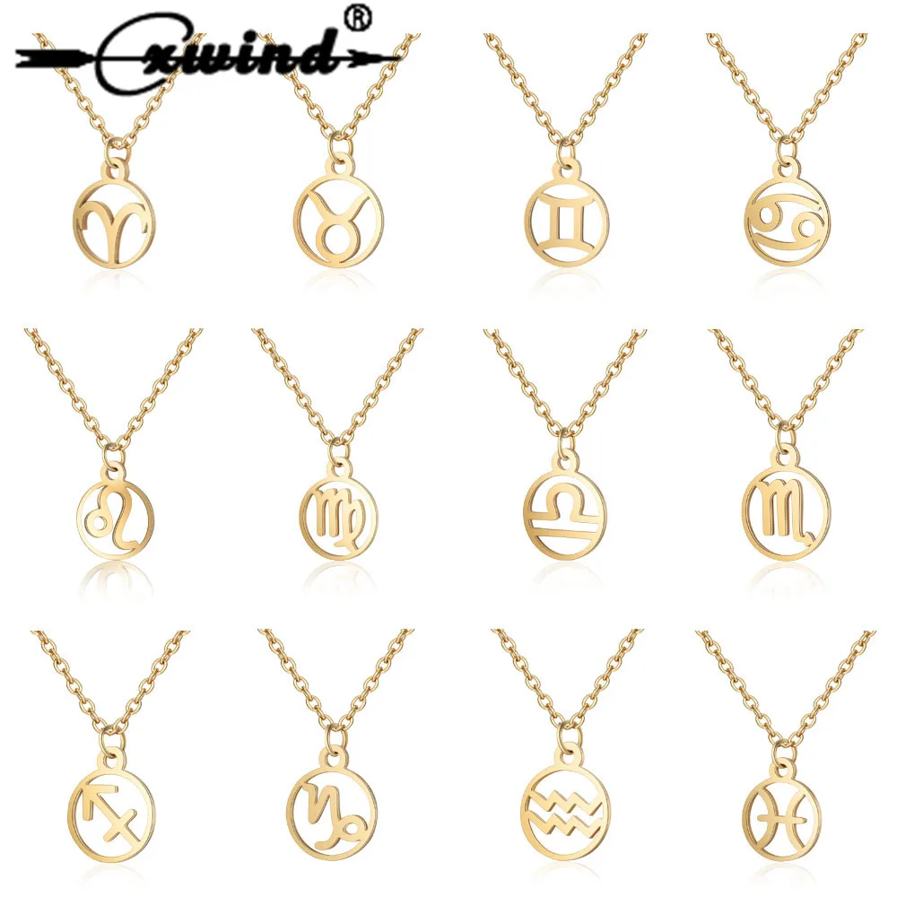 Cxwind 12 Zodiac Sign Pendant Necklace Stainless Steel Horoscope Astrology Round choker Necklace For Women Constellation Jewelry