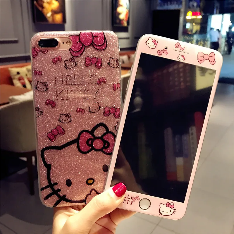 Для iPhone 11 Pro Max 6 7 8 милый мультяшный hello kitty чехол для телефона для iPhone X XS Max XR 360 Защитная жесткая задняя крышка+ KT Flim