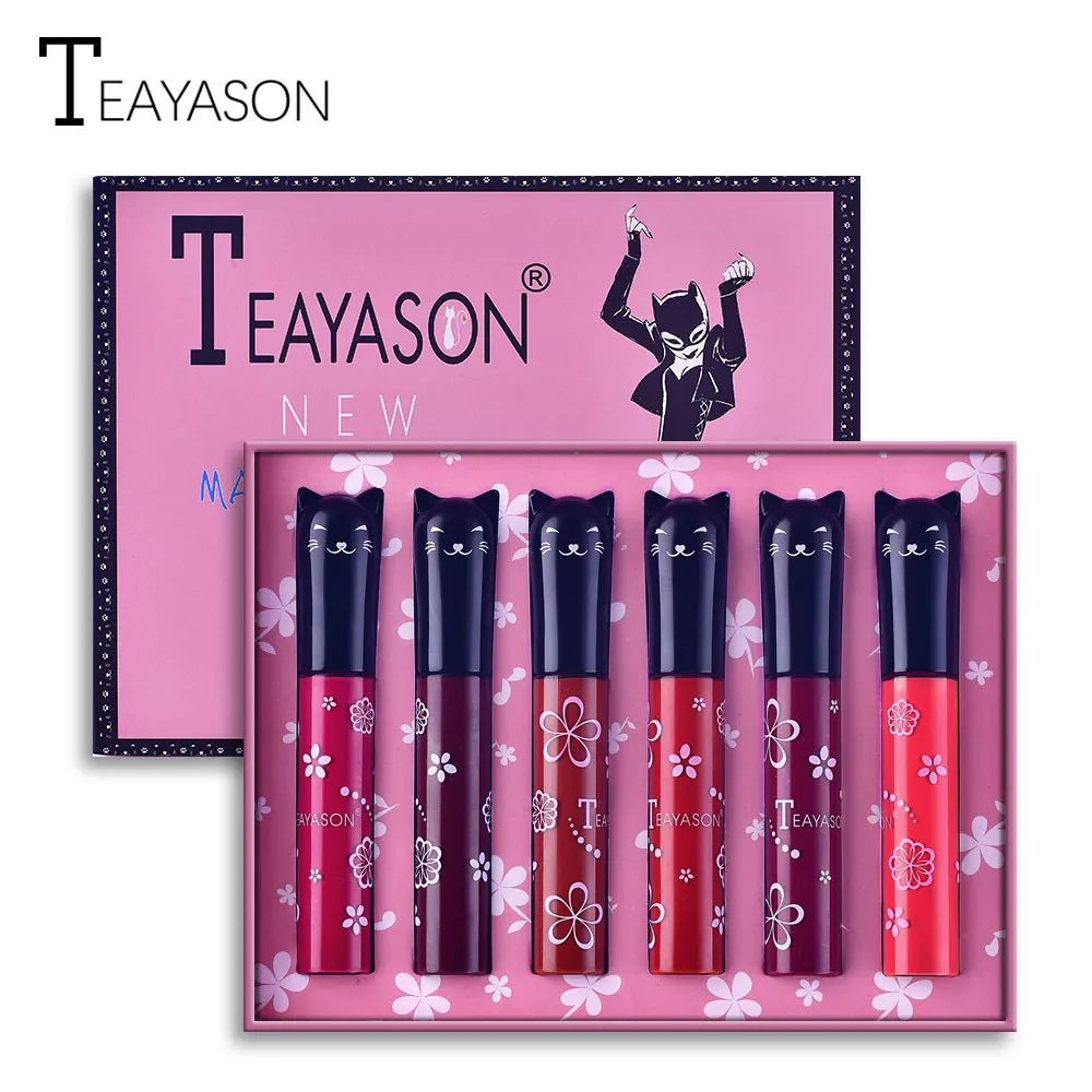 

2 Set Velvet Matte Lip Gloss 6pcs/set with Color Box Waterproof Long Lasting Cat Shape Designed Vampire Brown Lipstick