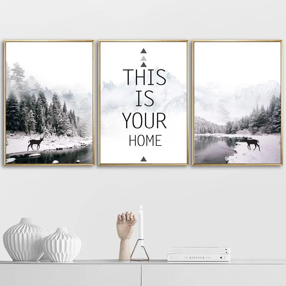 

Black White Snow Mountain Forest River Deer Nordic Posters And Prints Wall Art Canvas Painting Wall Pictures For Living Room