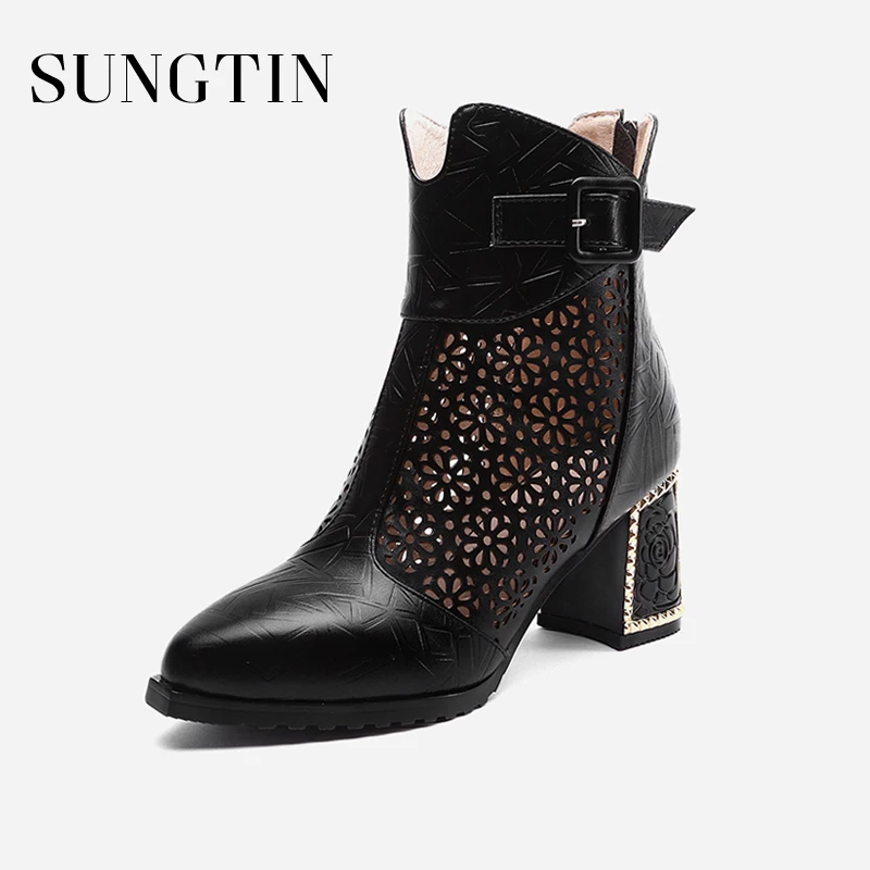 

Sungtin Women Spring Autumn Fashion Genuine Leather Ankle Boots Pointed Toe Square Heel Solid Black Zipper Short Boots Plus Size