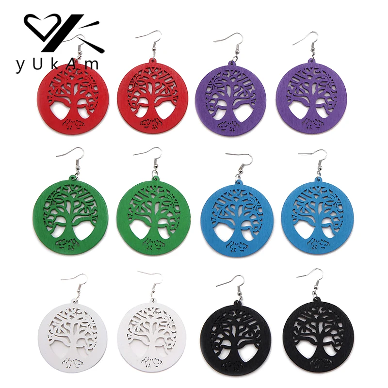 Yukam African Boho Colorful Life Tree Wood Carved Earrings Ethnic