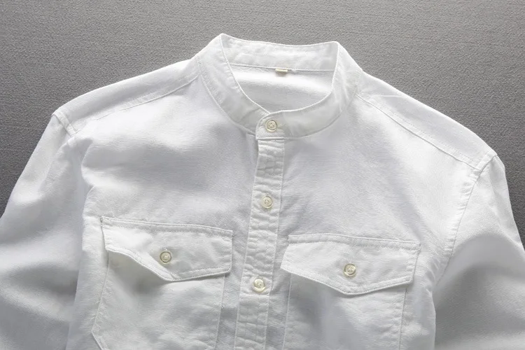 Брендовая мужская Повседневная белая рубашка, Уютная хлопковая льняная рубашка с длинным рукавом и воротником-стойкой, приталенная рубашка с 2 карманами