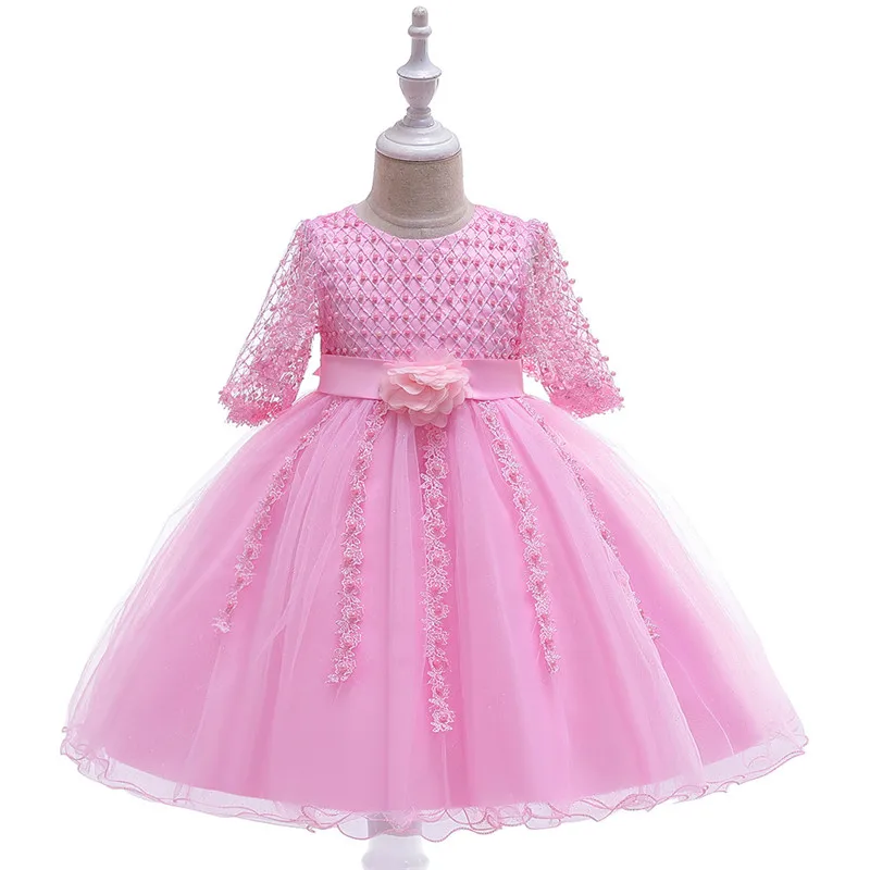 

Girl Half Sleeve Floral Beading Lace Party Dress Kid Children's Day School Dance Rhinestone Gown Dress Clothes