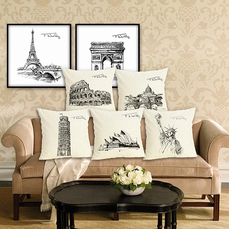 

RECOLOUR Square Cotton Linen World famous landmark Cushion Cover Home decor Sofa Pillow Cover cojines decorativos para sofa