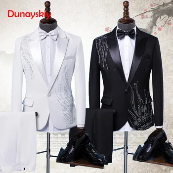 

New Fashion Men Suits black Embroidery Blazers Slim Fit Red White/Black Suits Wedding Business Male Tuxedos Single Buttons Suit