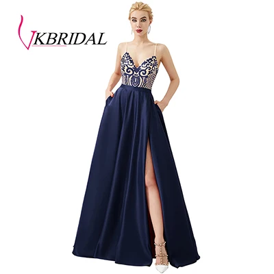VKbridal реальное изображение с блёстками и кружевом и открытой спиной вечернее платье сексуальный Высокий разрез Бальные вечерние вечернее платье для выпускного бала длинные - Цвет: Navy Blue