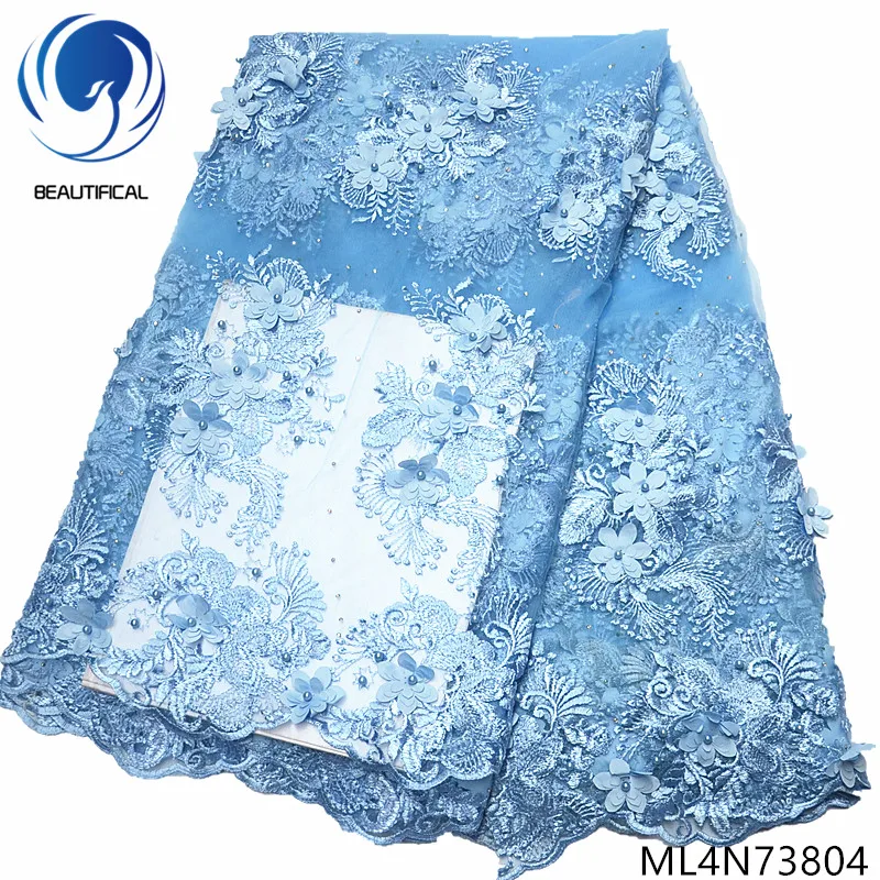 

Beautifical Nigerian lace fabrics 2019 New 3d flowers net lace fabric with beads for dress french lace stones 5yards/lot ML4N738