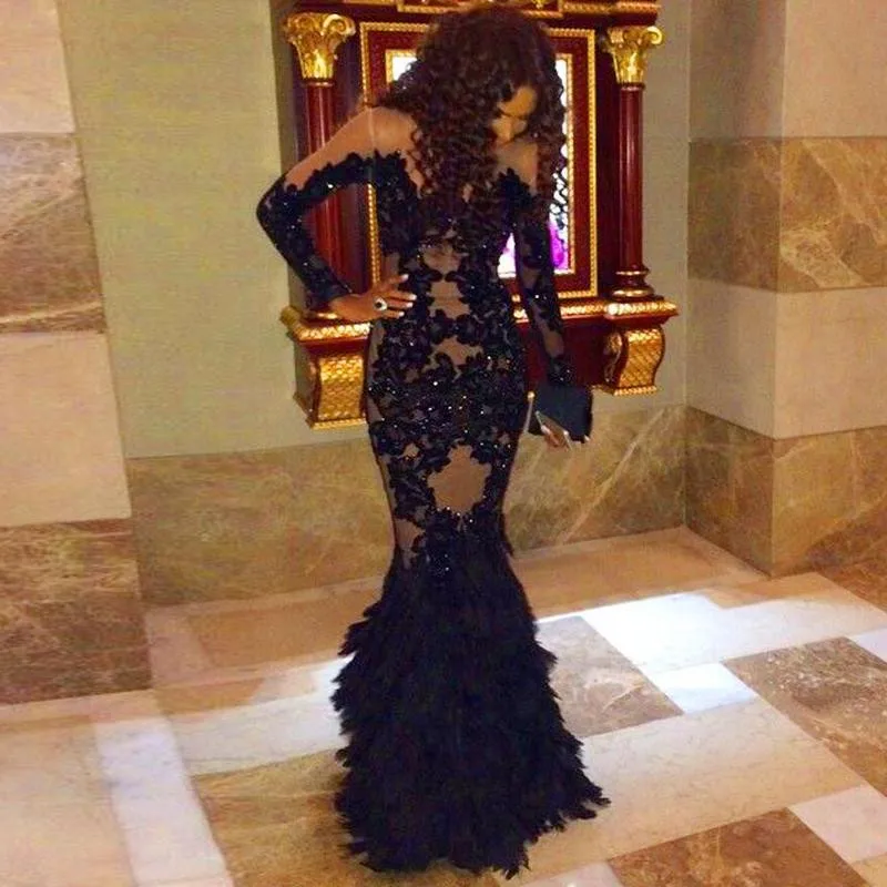 

Skin colour Black Applique Beaded O-Neck long sleeve Tiered tulle Evening Dresses Mermaid