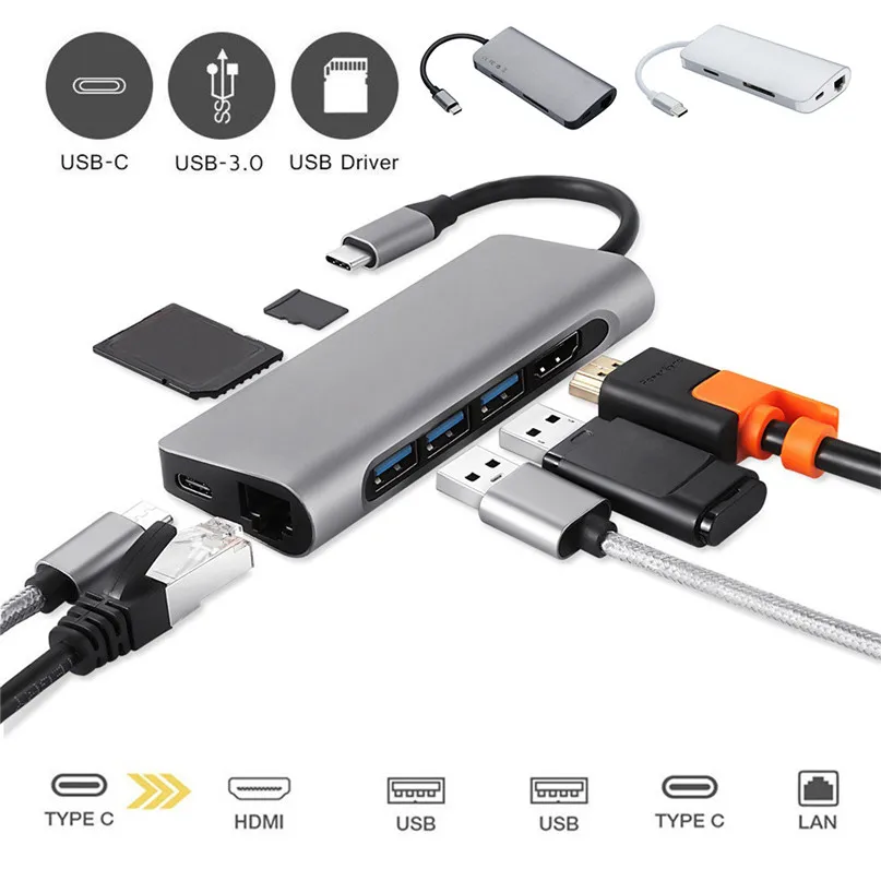 

USB C 8 in 1 USB-C to Type-C USB Multi 3.0 HDMI RJ45 Ethernet Micro SD TF OTG Type C Card Reader Aluminum alloy 30A05