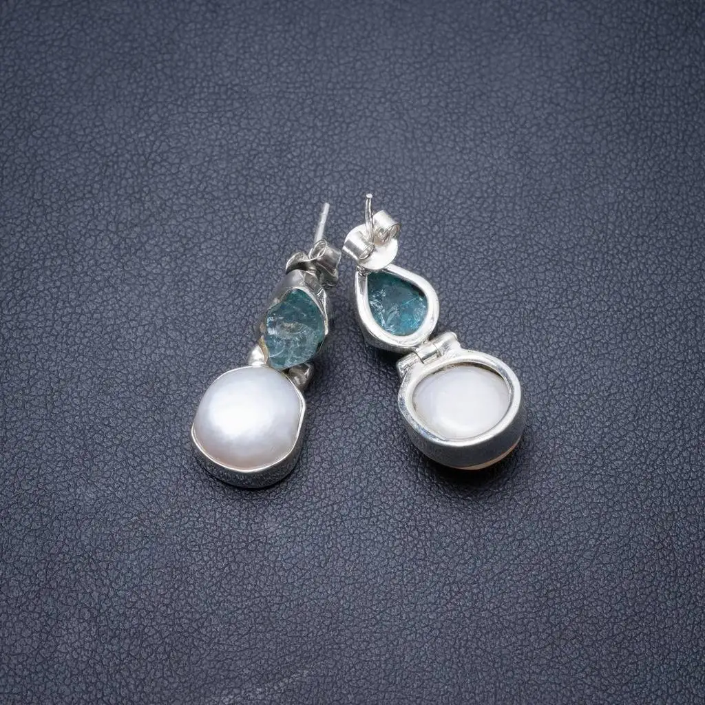 

Natural River Pearl and Kyanite Handmade Unique 925 Sterling Silver Earrings 1" Y3854