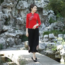 Женская, в национальном стиле, осень, новая, воротник, пряжка, тонкая, вышитая Футболка