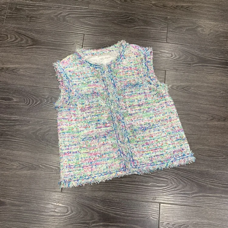 

Spring autumn women's High quality sleeveless tweed jackets Brand new design pockets tweed coat A259
