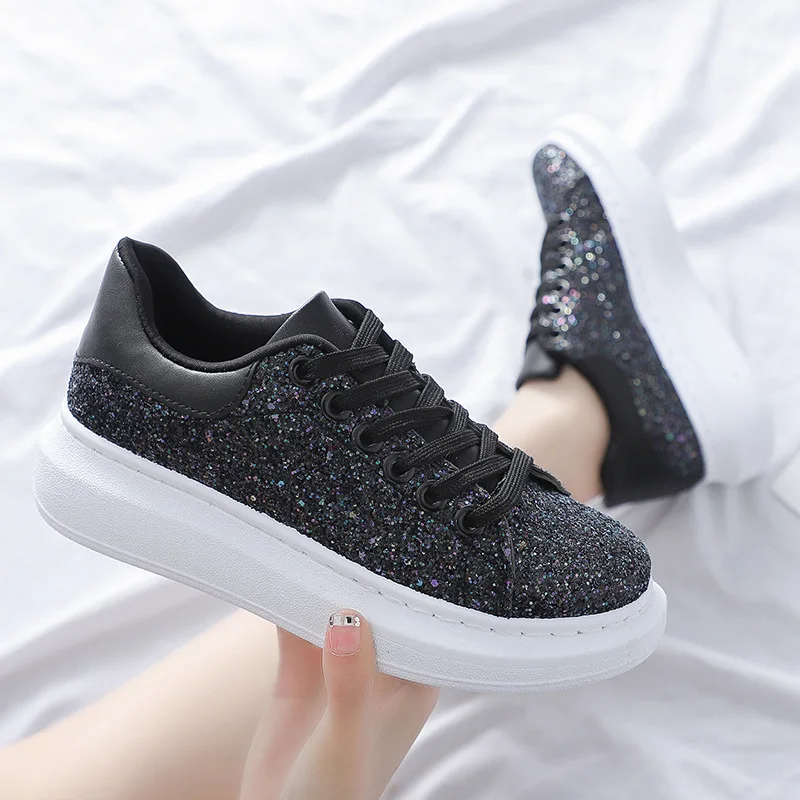 

Fashion Sneakers Women Flats Black Silver Shoes Rhinestone Bling Casual Shoes Korean Luxury Creepers Superstar Shoes X2-79
