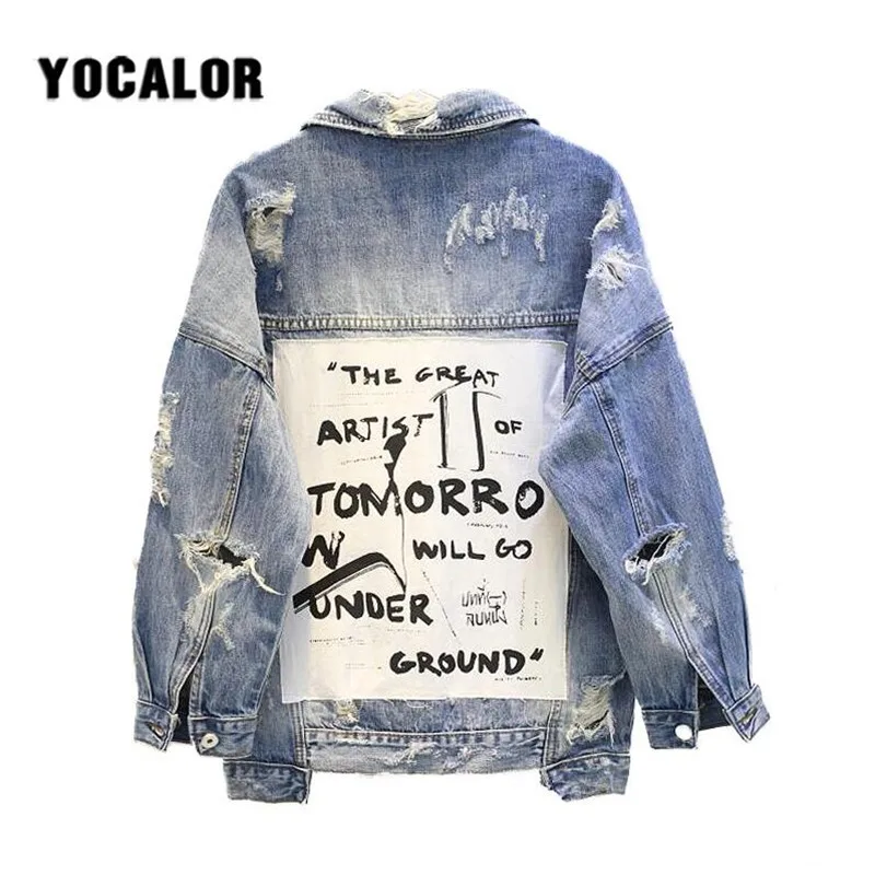 

2019 Vintage Letter Print Frayed Jean Jacket Women Autumn Winter Ripped Hole Denim Coat Female Bomber Jackets Chaqueta Mujer