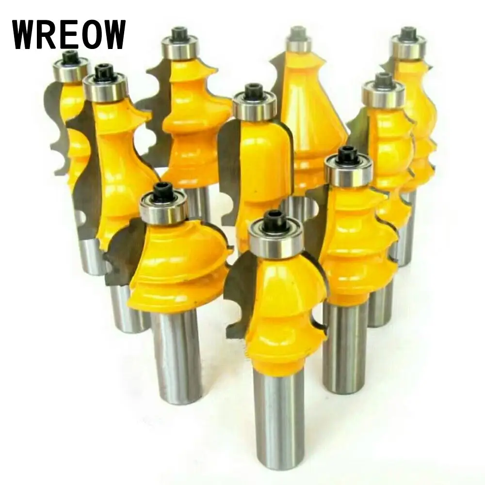 

High hardness 10pcs 1/2'' Round Shank Molding Router Bit Set Milling Trimming Cutter Wooden Doors MDF Solid Woodworking Tool