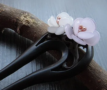 

2 Prong Carved Ebony Wooden Hair Stick Chinese Sticks Glazed Glass Flower Freshwater Pearl Jewelry Hair Accessories WIGO0964