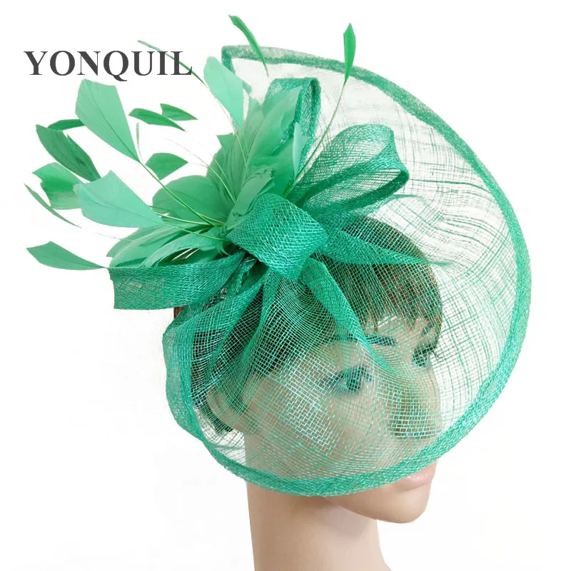 

Women Green Sinamay Fascinator Hats with beautiful feather flower red Black Female Kentucky Derby Church Wedding Party Headbands
