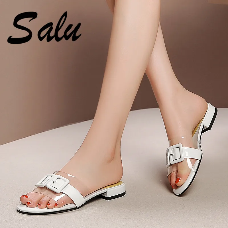 

Salu Summer Fashion Concise Elegant Women Sandals 2019 New Solid Genuine Leather Low Heels Slip on Casual Party Shoes Woman