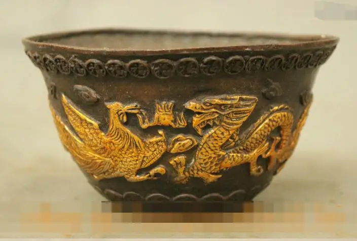 

S00796 FengShui Chinese Bronze Gilt Wealth Auspicious Dragon Phoenix Statue Fu Bowl B0403