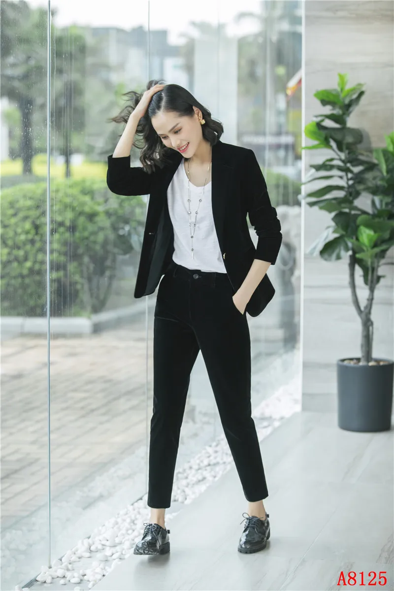 Высокое качество волокна-осень зима дамы черный блейзер женские деловые костюмы со штанами и курткой комплект Pleuche женская одежда