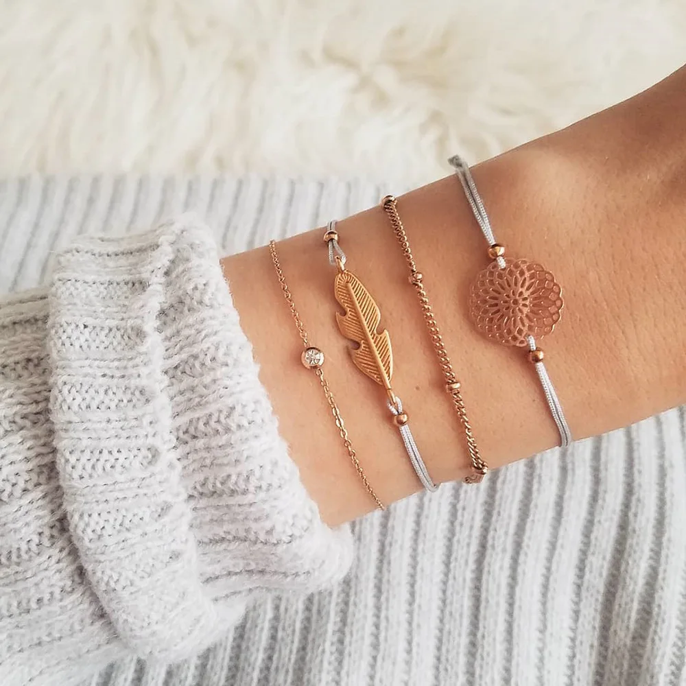 

4Pcs/set Bohemian Hollow Flowers Bracelet Sets Gold Leaf Beads Chain Charm Bracelets Bangles For Women Jewelry Gift Wholesale