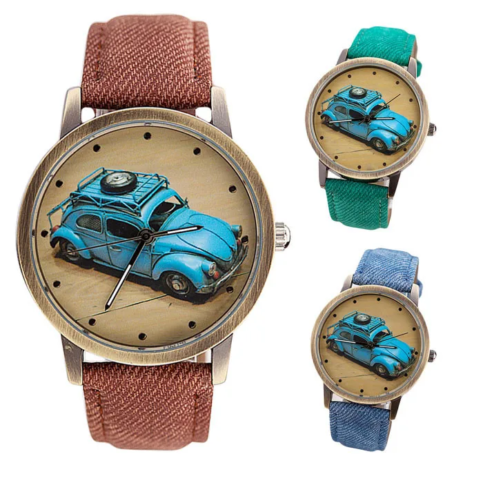Лаконичные Модные мужские и женские ретро часы с рисунком машины, джинсовый саржевый ремешок, и Mnycxen# D