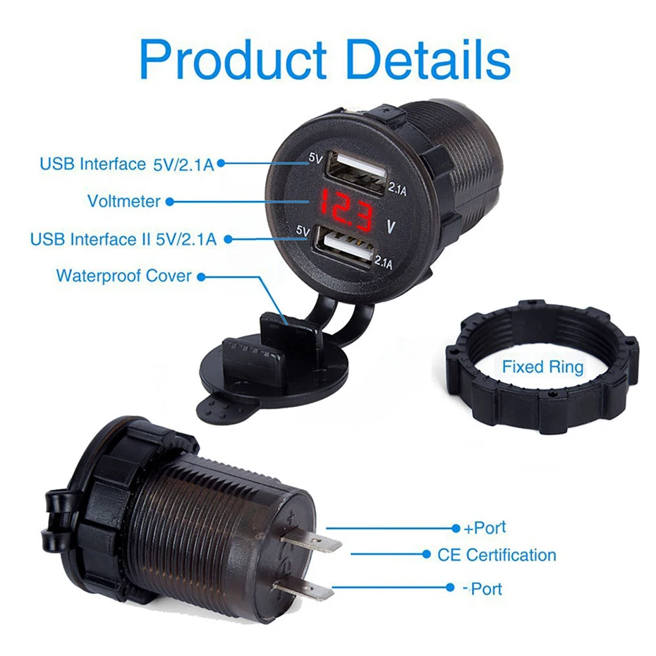 5V 2.4A+ 2.4A лодка мотоцикл автомобиль USB зарядное устройство разъем вольтметр прикуриватель автомобильный адаптер зарядного устройства с двойным USB Voltage12v-24V