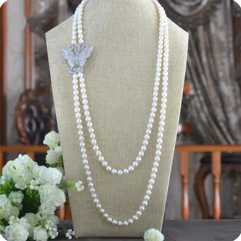 

design butterfly clasp double 7-8mm white freshwater pearl sweater chain long necklace fashion jewelry #1